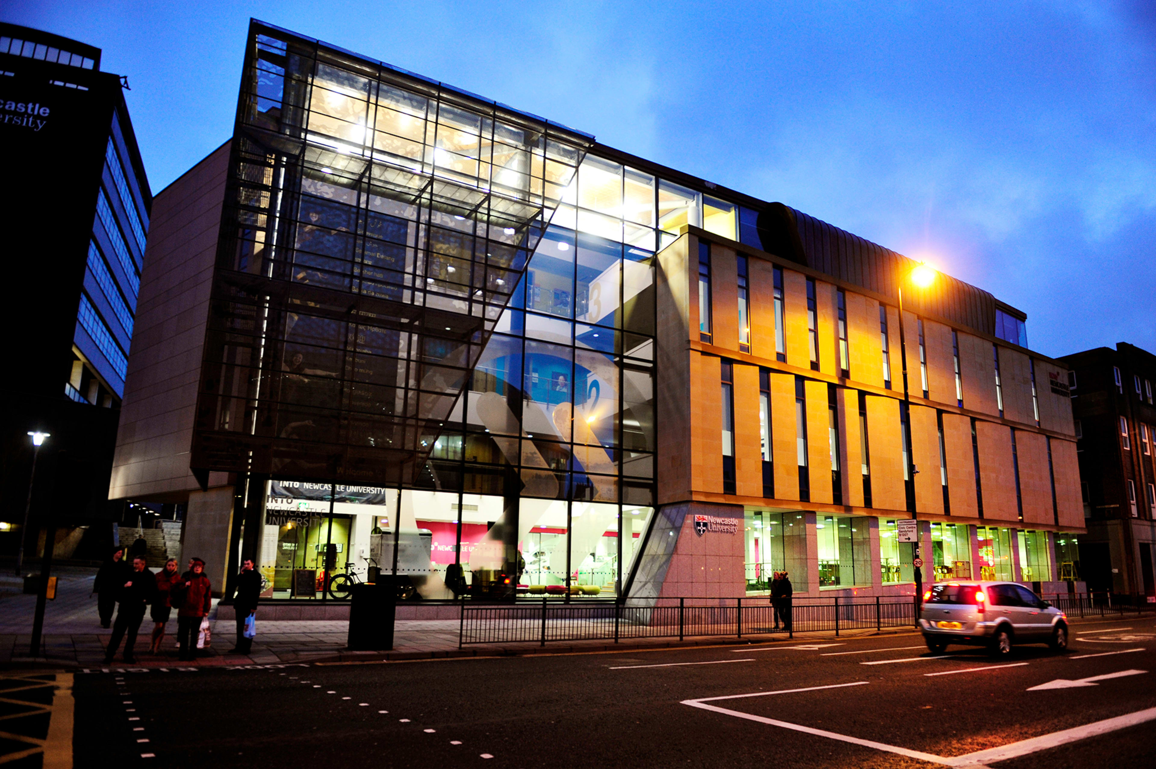 External evening view of the INTO center at Newcastle University