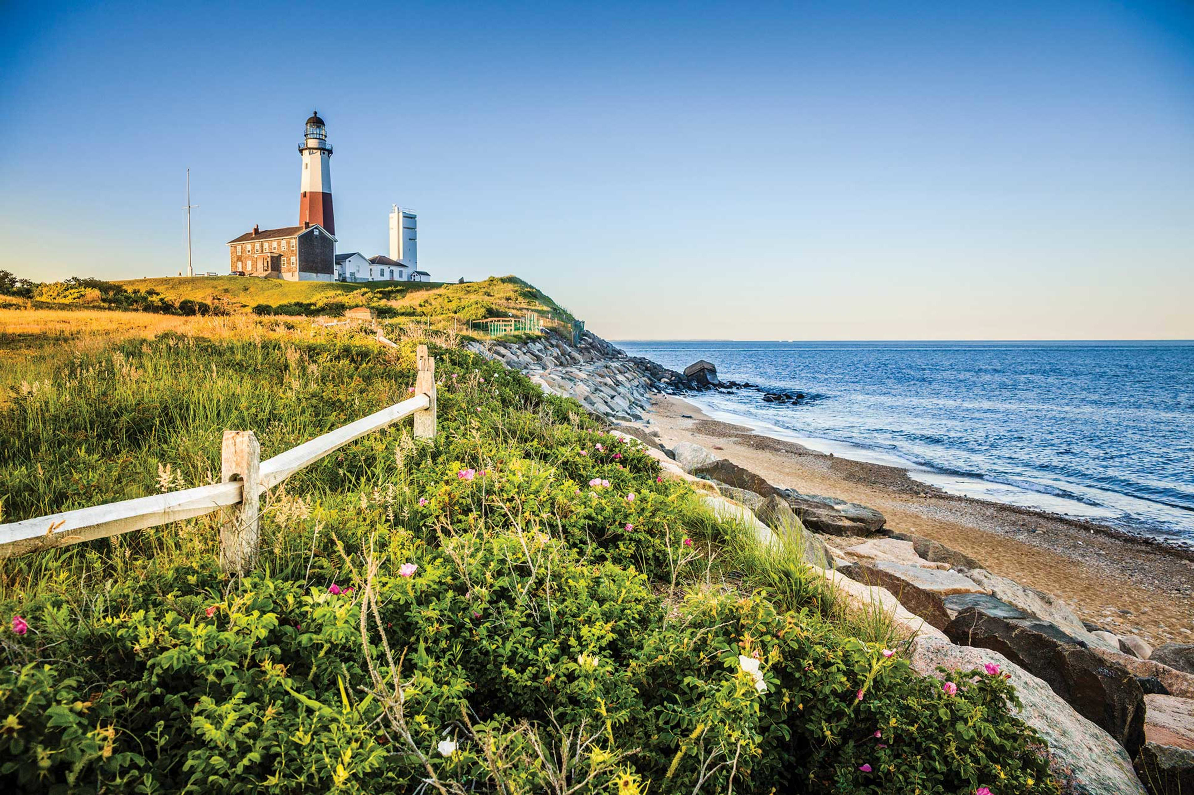 Seashore and lighthouse in Long Island, New York 