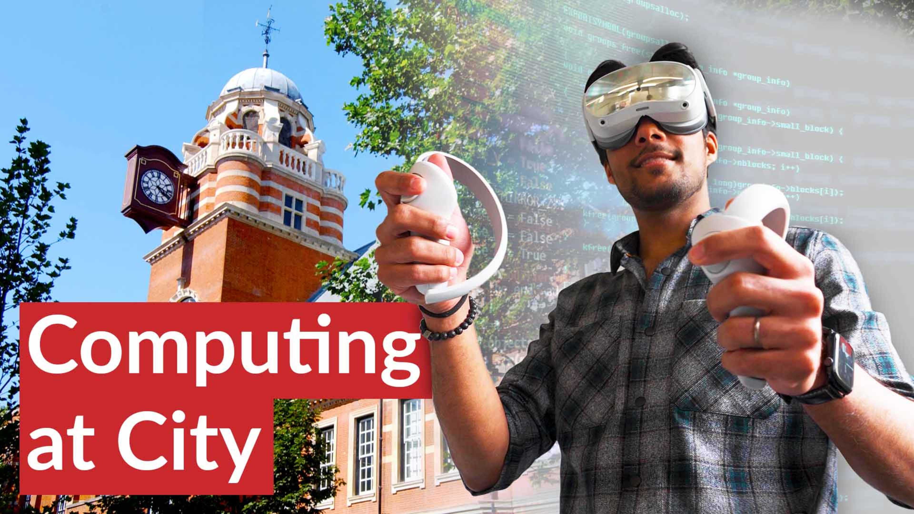 Computer Science student wearing a VR headset again a City campus building