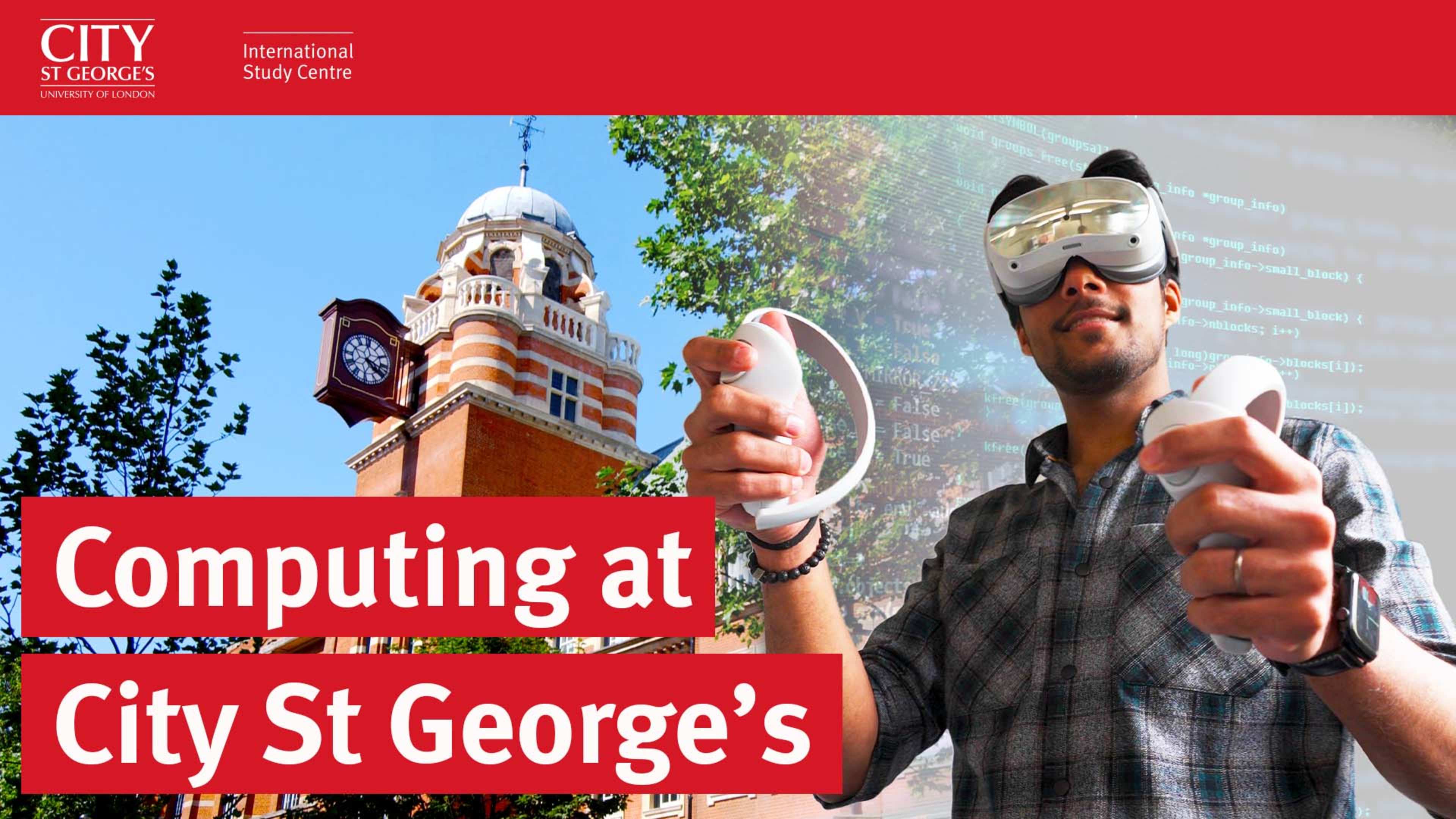 Computer Science student wearing a VR headset again a City campus building