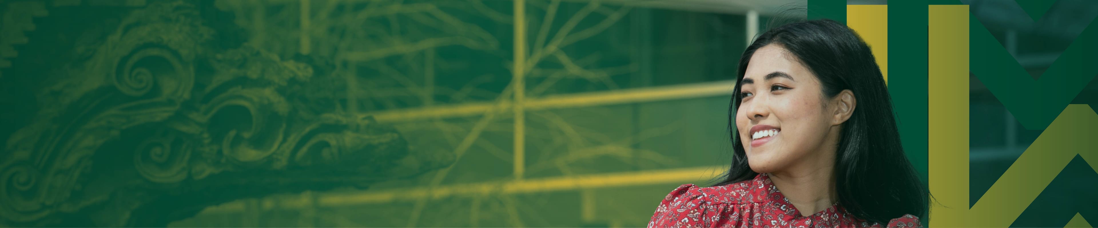 Student smiling with graphic elements