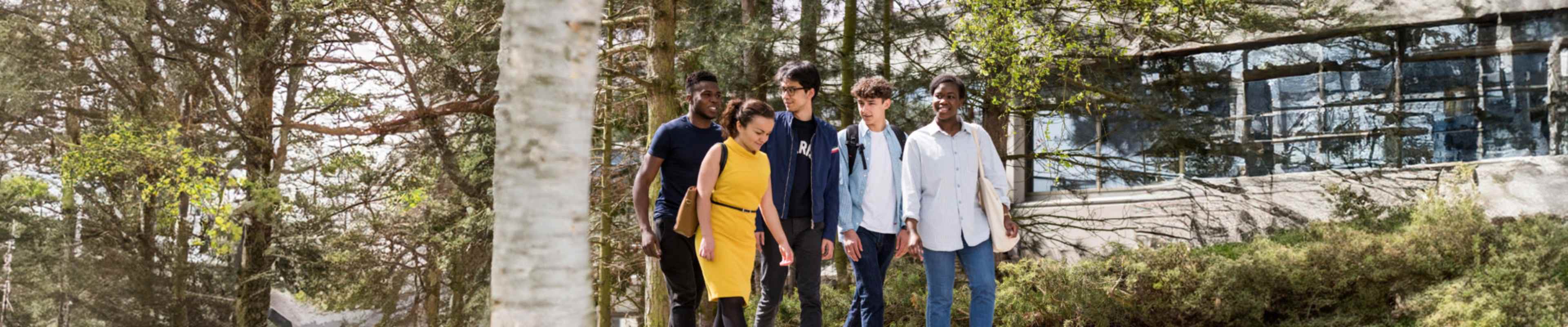 Group of international students happily walking on the campus grounds